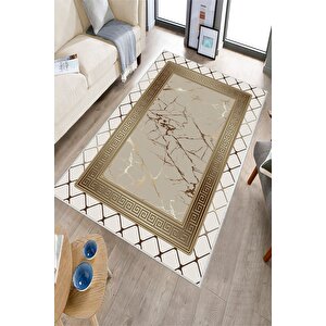 Makinede Yıkanabilir Leke Tutmaz  krem-vizon Pvc Deri Kaymaz Taban Versace Salon Saçaksız Halı B1281 120x180 cm