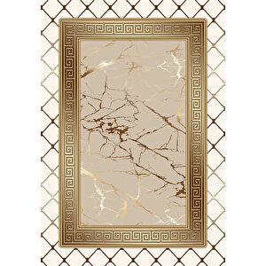 Makinede Yıkanabilir Leke Tutmaz  krem-vizon Pvc Deri Kaymaz Taban Versace Salon Saçaksız Halı B1281 100x300 cm