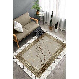 Makinede Yıkanabilir Leke Tutmaz  krem-vizon Pvc Deri Kaymaz Taban Versace Salon Saçaksız Halı B1281