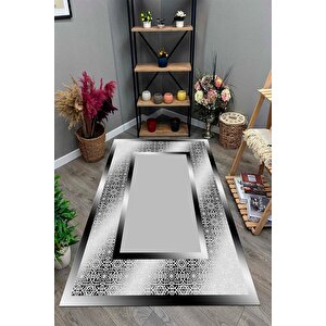 Makinede Yıkanabilir Leke Tutmaz  siyah-gri Pvc Deri Kaymaz Taban Çerçeve Salon Saçaksız Halı B1327-2 180x280 cm