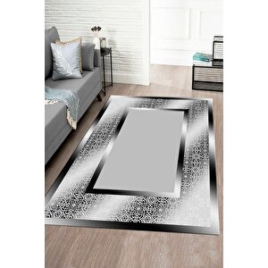 Makinede Yıkanabilir Leke Tutmaz  siyah-gri Pvc Deri Kaymaz Taban Çerçeve Salon Saçaksız Halı B1327-2 120x180 cm