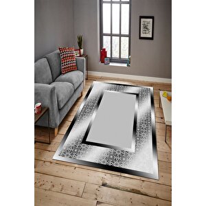 Makinede Yıkanabilir Leke Tutmaz  siyah-gri Pvc Deri Kaymaz Taban Çerçeve Salon Saçaksız Halı B1327-2