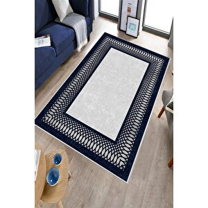 Makinede Yıkanabilir Leke Tutmaz  gri-lacivert Pvc Deri Kaymaz Taban Çerçeve Salon Saçaksız Halı B1226 80x300 cm