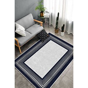 Makinede Yıkanabilir Leke Tutmaz  gri-lacivert Pvc Deri Kaymaz Taban Çerçeve Salon Saçaksız Halı B1226 100x200 cm