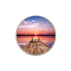 İskelede Gün Batımı Yuvarlak Cam Tablo | Hediyelik, Dekoratif, Ofis, Mutfak 30x30 cm