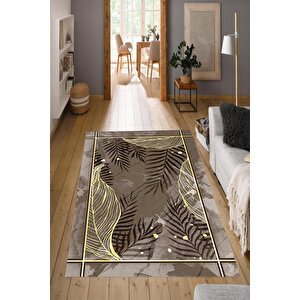 Makinede Yıkanabilir Leke Tutmaz  kahve Pvc Deri Kaymaz Taban Tasarım Salon Saçaksız Halı 170-01 80x300 cm