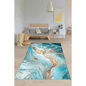 Makinede Yıkanabilir Leke Tutmaz  mavi Pvc Deri Kaymaz Taban Modern Salon Tasarım Halı 249-00 180x280 cm
