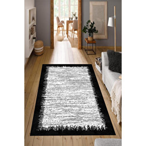 Makinede Yıkanabilir Leke Tutmaz  siyah Pvc Deri Kaymaz Taban Tasarım Salon Saçaksız Halı 353-03 100x200 cm