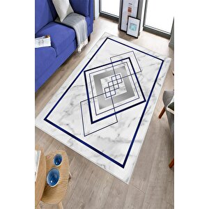 Makinede Yıkanabilir Leke Tutmaz  lacivert Pvc Deri Kaymaz Taban Modern Salon Saçaksız Halı B1263 100x300 cm