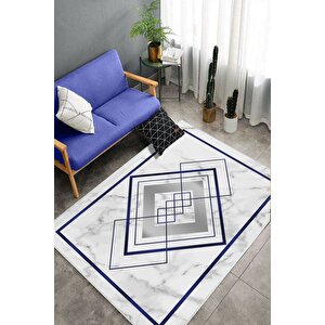 Makinede Yıkanabilir Leke Tutmaz  lacivert Pvc Deri Kaymaz Taban Modern Salon Saçaksız Halı B1263