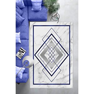 Makinede Yıkanabilir Leke Tutmaz  lacivert Pvc Deri Kaymaz Taban Modern Salon Saçaksız Halı B1263