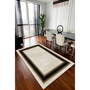 Makinede Yıkanabilir Leke Tutmaz  gold-siyah Pvc Deri Kaymaz Taban Çerçeve Salon Saçaksız Halı B1301 100x300 cm