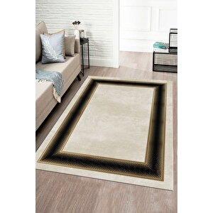Makinede Yıkanabilir Leke Tutmaz  gold-siyah Pvc Deri Kaymaz Taban Çerçeve Salon Saçaksız Halı B1301