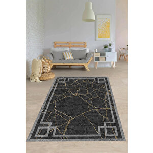 Makinede Yıkanabilir Leke Tutmaz  siyah Pvc Deri Kaymaz Taban Modern Salon Saçaksız Halı 272-01 80x300 cm