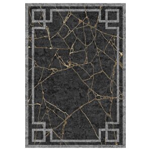 Makinede Yıkanabilir Leke Tutmaz  siyah Pvc Deri Kaymaz Taban Modern Salon Saçaksız Halı 272-01 80x300 cm