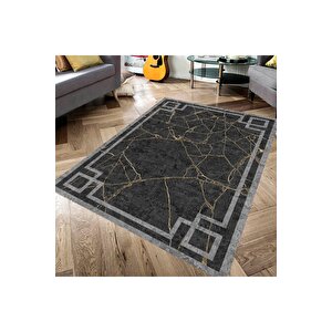 Makinede Yıkanabilir Leke Tutmaz  siyah Pvc Deri Kaymaz Taban Modern Salon Saçaksız Halı 272-01 80x300 cm