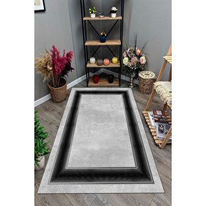 Makinede Yıkanabilir Leke Tutmaz  gri-siyah Pvc Deri Kaymaz Taban Çerçeve Salon Saçaksız Halı B1301-01 160x230 cm