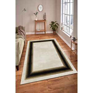 Makinede Yıkanabilir Leke Tutmaz  gold-siyah Pvc Deri Kaymaz Taban Çerçeve Salon Saçaksız Halı B1301