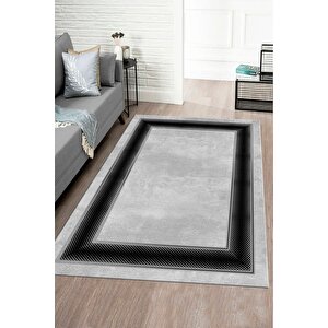 Makinede Yıkanabilir Leke Tutmaz  gri-siyah Pvc Deri Kaymaz Taban Çerçeve Salon Saçaksız Halı B1301-01 120x180 cm