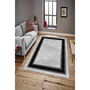 Makinede Yıkanabilir Leke Tutmaz  gri-siyah Pvc Deri Kaymaz Taban Çerçeve Salon Saçaksız Halı B1301-01
