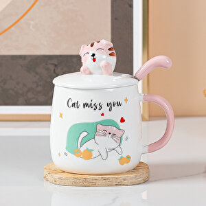 Sevimli Kedi Seramik Kupa, Pembe, 12x8