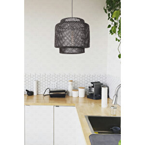 Sinnerlig Bambu Siyah Avize 40cm- İskandinav, Modern, Bohem, Rattan Avize, Aydınlatma