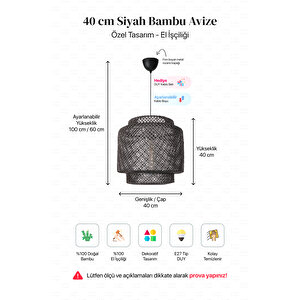 Sinnerlig Bambu Siyah Avize 40cm- İskandinav, Modern, Bohem, Rattan Avize, Aydınlatma