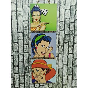 Retro Time Pretty Woman Kabartmalı Baskılı 3'lü Tablo Vintage
