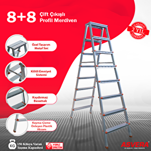 Yakut Serisi - 8+8 Basamaklı Çift Çıkışlı Galvanizli Profil Merdiven (ev, Bahçe, Işyeri Için Uygun)