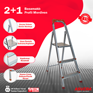 Elmas Serisi - 2+1 Basamaklı Galvanizli Profil Merdiven - Ev - Bahçe - İş Yeri İçin Dayanıklı