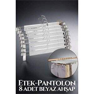 Modacar Beyaz Ahşap Etek Pantolon Eşarp Kıskaçlı Askı 8 Adet