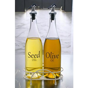 Pure 2'li Krem Metal Standlı Yağdanlık Seti Şeffaf Etiketli Cam Yağlık 750 Ml Cys-14