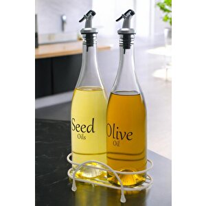 Pure 2'li Krem Metal Standlı Yağdanlık Seti Şeffaf Etiketli Cam Yağlık 750 Ml Cys-14