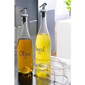 Pure 2'li Krem Metal Standlı Yağdanlık Seti Şeffaf Etiketli Cam Yağlık 750 Ml Cys-14
