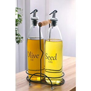 Aura 2'li Siyah Metal Standlı Ahşap Saplı Yağdanlık Seti Şeffaf Etiketli Cam Yağlık 1000 Ml Cys-19