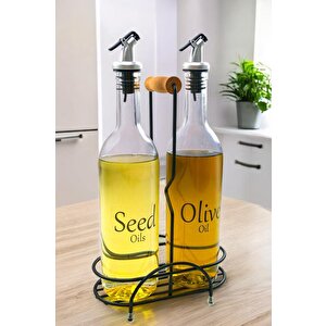 Luxe 2'li Siyah Metal Standlı Ahşap Saplı Yağdanlık Seti Şeffaf Etiketli Cam Yağlık 750 Ml Cys-11