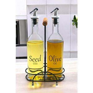 Luxe 2'li Siyah Metal Standlı Ahşap Saplı Yağdanlık Seti Şeffaf Etiketli Cam Yağlık 750 Ml Cys-11