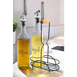 Luxe 2'li Siyah Metal Standlı Ahşap Saplı Yağdanlık Seti Şeffaf Etiketli Cam Yağlık 750 Ml Cys-11