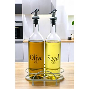 Luxe 2'li Krem Metal Standlı Yağdanlık Seti Şeffaf Etiketli Cam Yağlık 750 Ml Cys-10