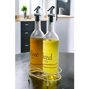 Luxe 2'li Krem Metal Standlı Yağdanlık Seti Şeffaf Etiketli Cam Yağlık 750 Ml Cys-10