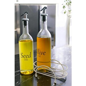 Luxe 2'li Krem Metal Standlı Yağdanlık Seti Şeffaf Etiketli Cam Yağlık 750 Ml Cys-10