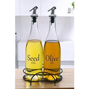 Pure 2'li Siyah Metal Standlı Yağdanlık Seti Şeffaf Etiketli Cam Yağlık 750 Ml Cys-13