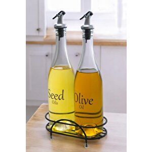 Pure 2'li Siyah Metal Standlı Yağdanlık Seti Şeffaf Etiketli Cam Yağlık 750 Ml Cys-13