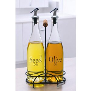 Pure 2'li Siyah Metal Standlı Ahşap Saplı Yağdanlık Seti Şeffaf Etiketli Cam Yağlık 750 Ml Cys-15