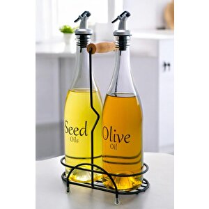 Pure 2'li Siyah Metal Standlı Ahşap Saplı Yağdanlık Seti Şeffaf Etiketli Cam Yağlık 750 Ml Cys-15