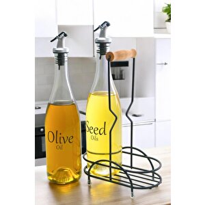 Pure 2'li Siyah Metal Standlı Ahşap Saplı Yağdanlık Seti Şeffaf Etiketli Cam Yağlık 750 Ml Cys-15