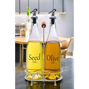 Pure 2'li Krem Metal Standlı Ahşap Saplı Yağdanlık Seti Şeffaf Etiketli Cam Yağlık 750 Ml Cys-16