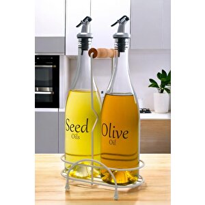 Pure 2'li Krem Metal Standlı Ahşap Saplı Yağdanlık Seti Şeffaf Etiketli Cam Yağlık 750 Ml Cys-16