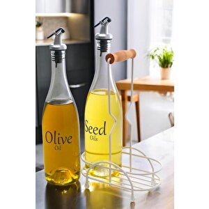 Pure 2'li Krem Metal Standlı Ahşap Saplı Yağdanlık Seti Şeffaf Etiketli Cam Yağlık 750 Ml Cys-16