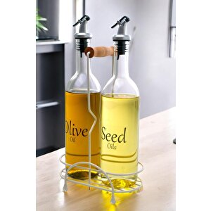 Luxe 2'li Krem Metal Standlı Ahşap Saplı Yağdanlık Seti Şeffaf Etiketli Cam Yağlık 750 Ml Cys-12
